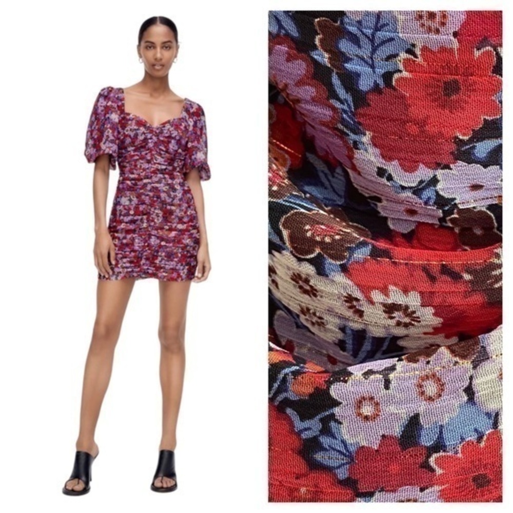 Zara Red Purple Floral Gold Metallic Stripe Ruched Mini Dress Medium